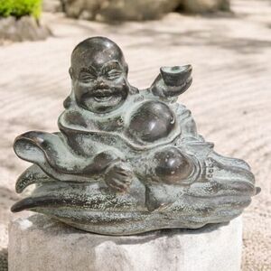 Antique Bronze Laughing Buddha Statue Hotei 6x4.5" Japan. Heavy. Rare Vintage